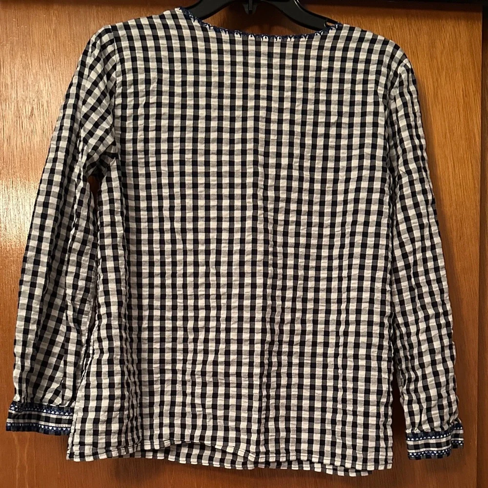 J. Crew Navy and White Checkered Blouse with Embroidery - Preloved